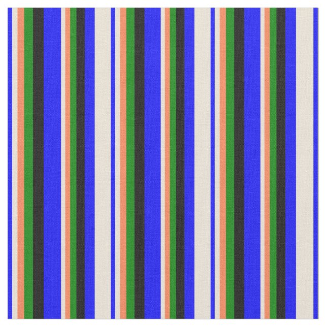 Blue, Bisque, Coral, Green & Black Stripes Fabric (Close Up)