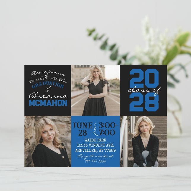 Blue & Black 3 Photo Graduation Invitation (Creator Uploaded)