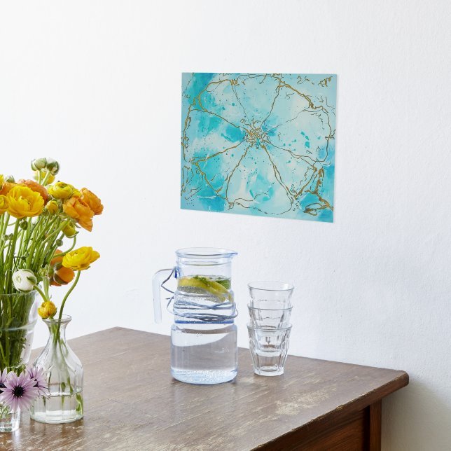 Blue & Black Abstract Modern Flower Foil Prints (Laydown (Kitchen))