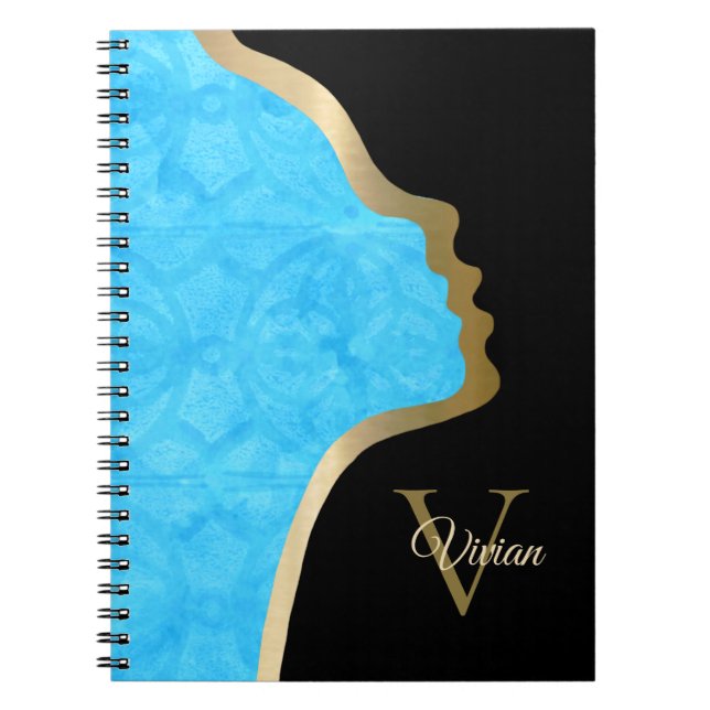Blue Black And Gold Face Monogram Name Notebook (Front)