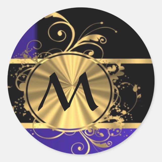 Blue black and gold monogram classic round sticker (Front)