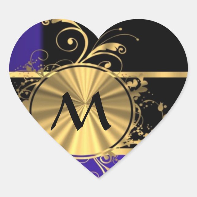 Blue black and gold monogram heart sticker (Front)