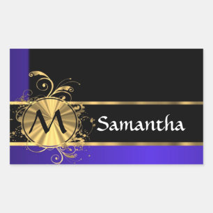 Blue black and gold monogram rectangular sticker