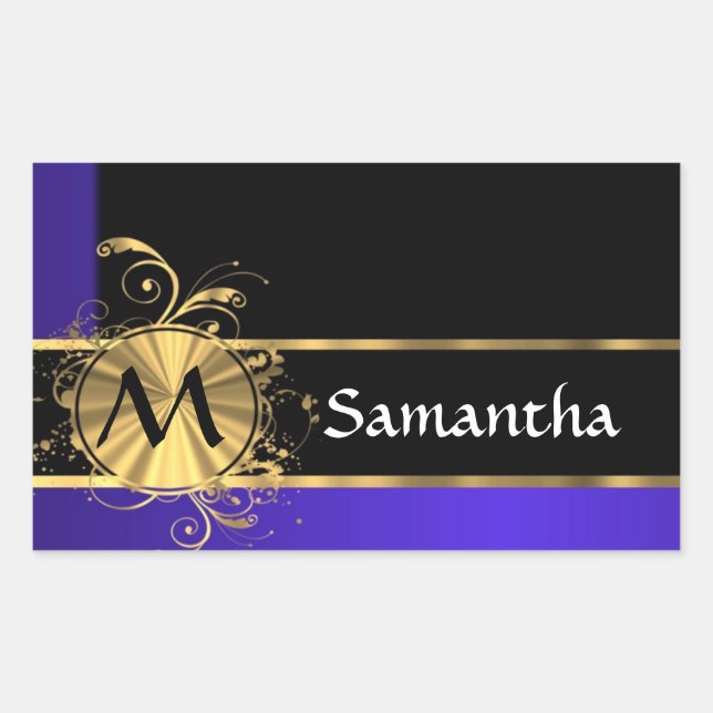 Blue black and gold monogram rectangular sticker (Front)