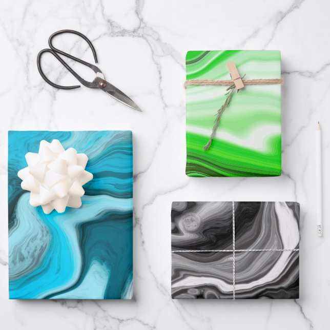 Blue, Black and Green Marble Fluid Art   Wrapping Paper Sheet (Front)