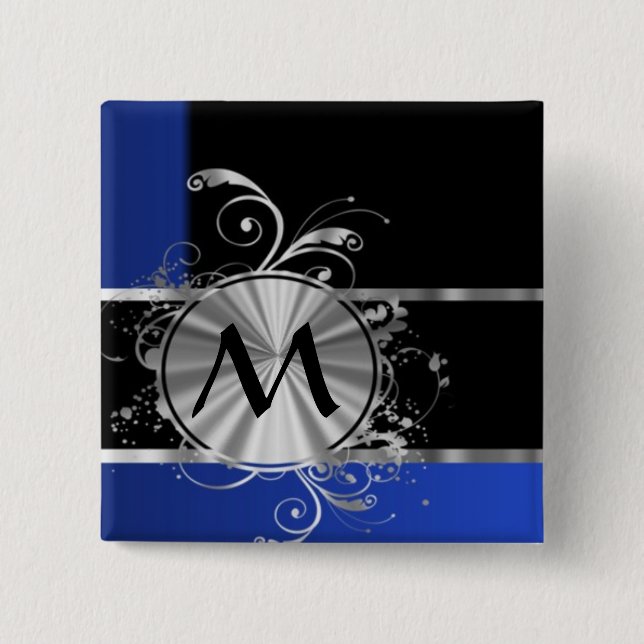 Blue black and silver monogram 15 cm square badge (Front)