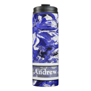 Blue, Black and White Abstract Thermal Tumbler
