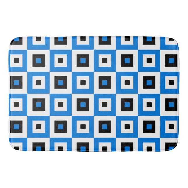 Blue Black and White Checkered Squares Pattern Bath Mat (Front)
