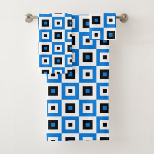 Blue Black and White Checkered Squares Pattern Bath Towel Set
