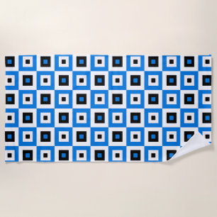 Blue Black and White Checkered Squares Pattern Beach Towel