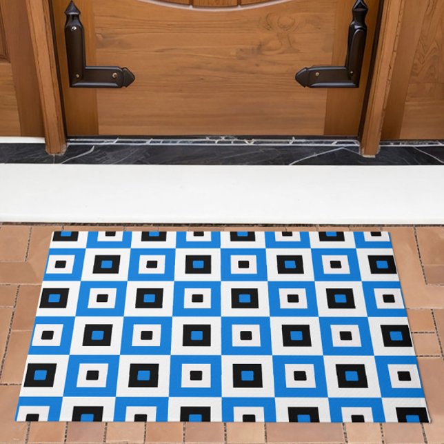 Blue Black and White Checkered Squares Pattern Doormat (Creator Uploaded)