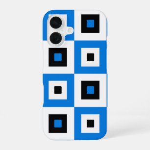 Blue Black and White Checkered Squares Pattern iPhone 16 Case