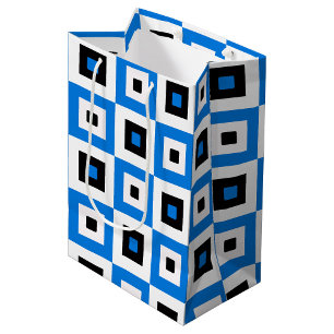 Blue Black and White Checkered Squares Pattern Medium Gift Bag