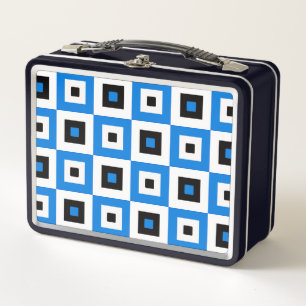 Blue Black and White Checkered Squares Pattern Metal Lunch Box