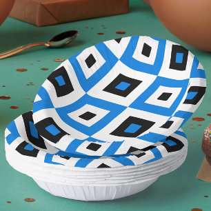 Blue Black and White Checkered Squares Pattern Paper Plate