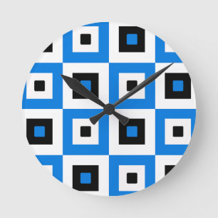 Blue Black and White Checkered Squares Pattern Round Clock