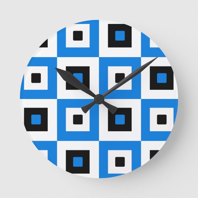 Blue Black and White Checkered Squares Pattern Round Clock (Front)