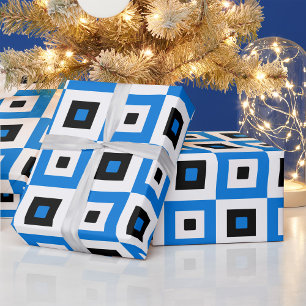 Blue Black and White Checkered Squares Pattern Wrapping Paper
