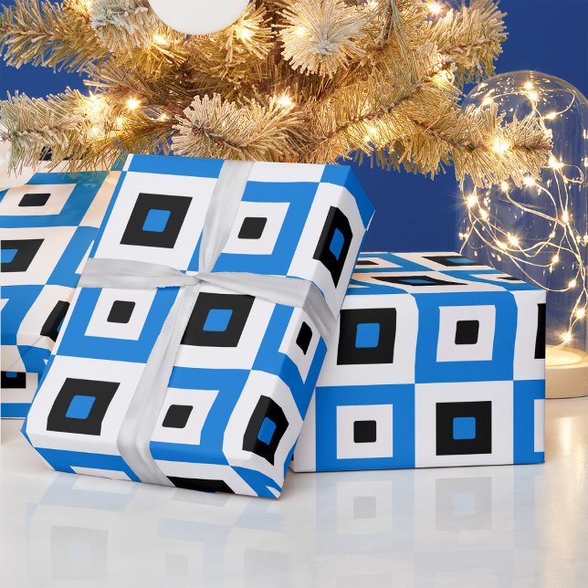Blue Black and White Checkered Squares Pattern Wrapping Paper (Creator Uploaded)