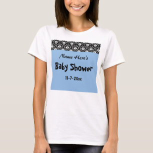 Blue, Black and White Damask Baby Shower T-Shirt