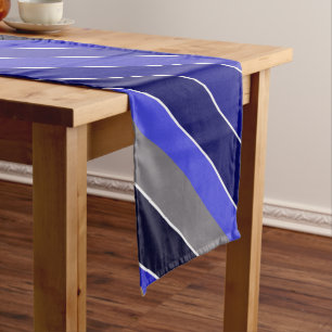 Blue, Black and White Diagonal Stripes Long Table Runner