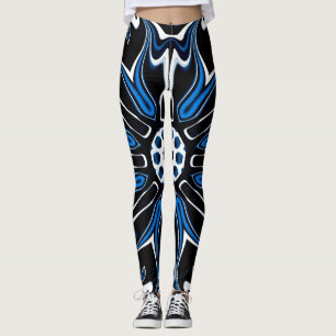 Blue, Black and White Estonia Flower Art  Leggings