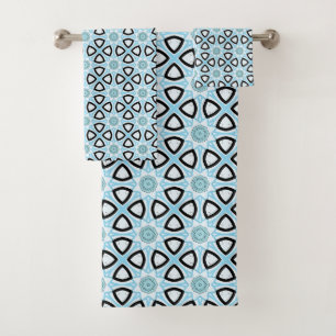 Blue, black and white geometric patterned bath towel set
