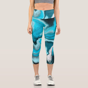Blue, Black and White Marble Fluid Art  Capri Leggings