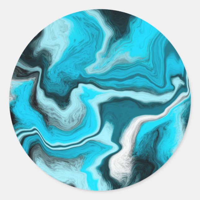 Blue, Black and White Marble Fluid Art    Classic Round Sticker (Front)