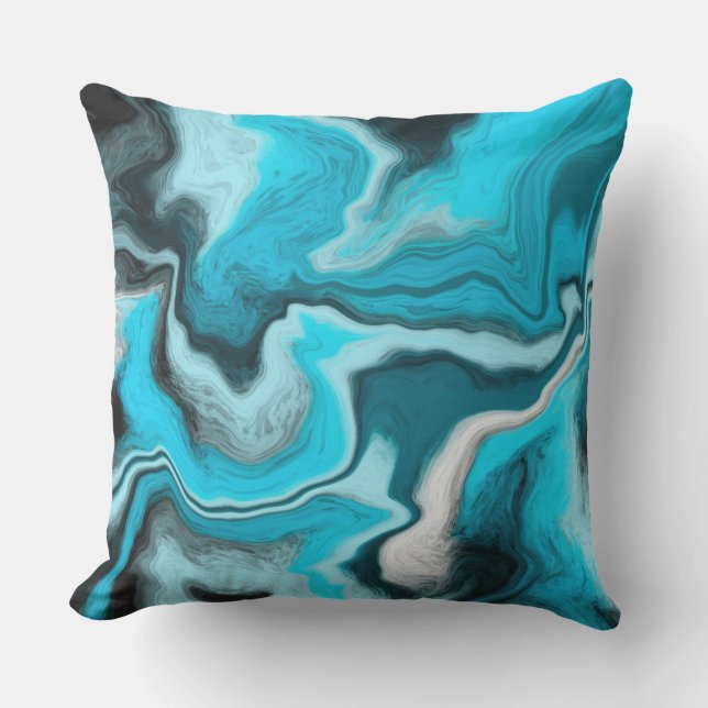 Blue, Black and White Marble Fluid Art Cushion (Front)