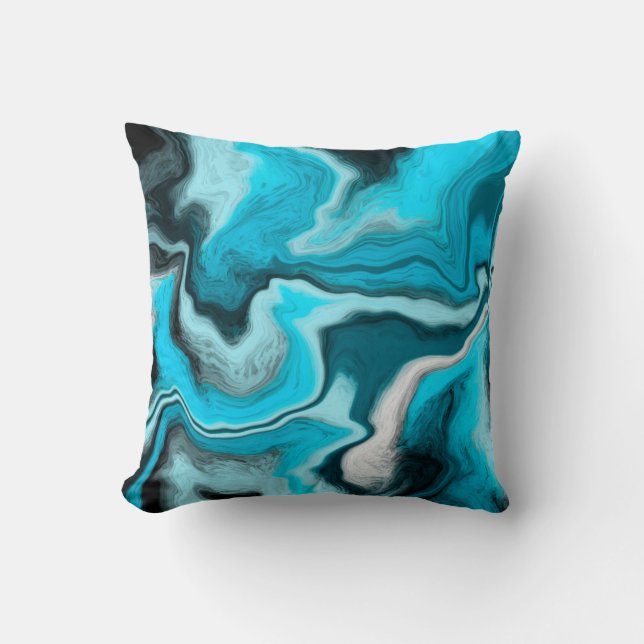 Blue, Black and White Marble Fluid Art  Cushion (Front)