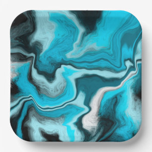 Blue, Black and White Marble Fluid Art Paper Plate