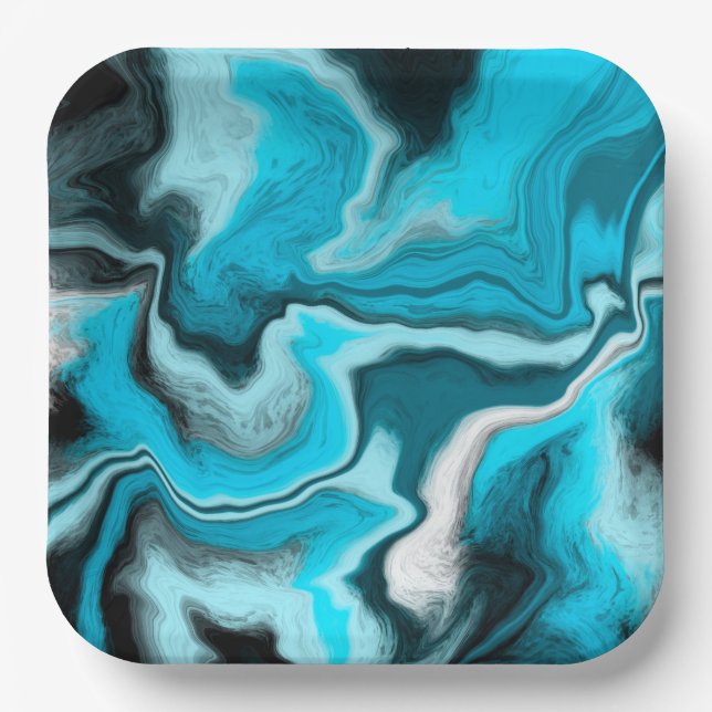 Blue, Black and White Marble Fluid Art    Paper Plate (Front)