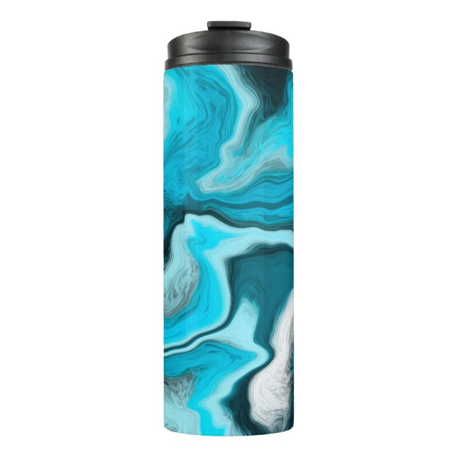 Blue, Black and White Marble Fluid Art  Thermal Tumbler (Front)