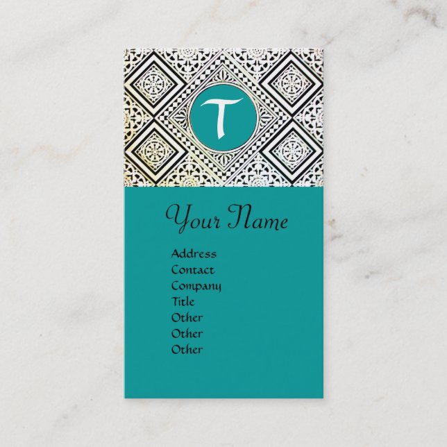 BLUE BLACK AND WHITE ROMAN EAGLE DAMASK MONOGRAM BUSINESS CARD (Front)