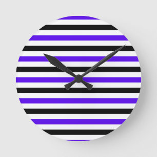 Blue Black and white stripes design Round Clock