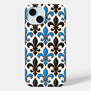 Blue Black Baroque Fleur-de-lis Pattern Design iPhone 15 Case