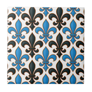 Blue Black Baroque Fleur-de-lis Pattern Design  Ceramic Tile
