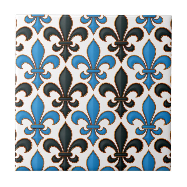 Blue Black Baroque Fleur-de-lis Pattern Design  Ceramic Tile (Front)