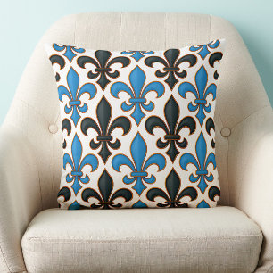 Blue Black Baroque Fleur-de-lis Pattern Design Cushion