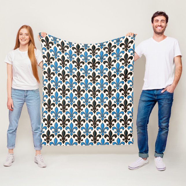 Blue Black Baroque Fleur-de-lis Pattern Design  Fleece Blanket (Creator Uploaded)