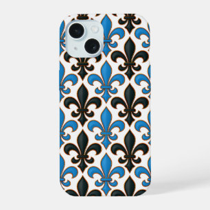 Blue Black Baroque Fleur-de-lis Pattern Design iPhone 15 Case