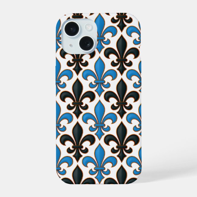 Blue Black Baroque Fleur-de-lis Pattern Design  iPhone 15 Case (Back)