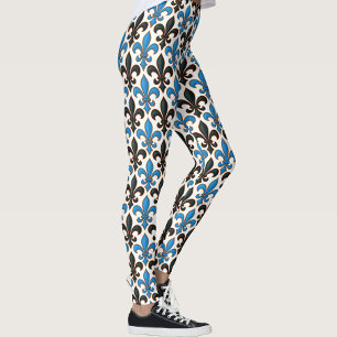 Blue Black Baroque Fleur-de-lis Pattern Design  Leggings