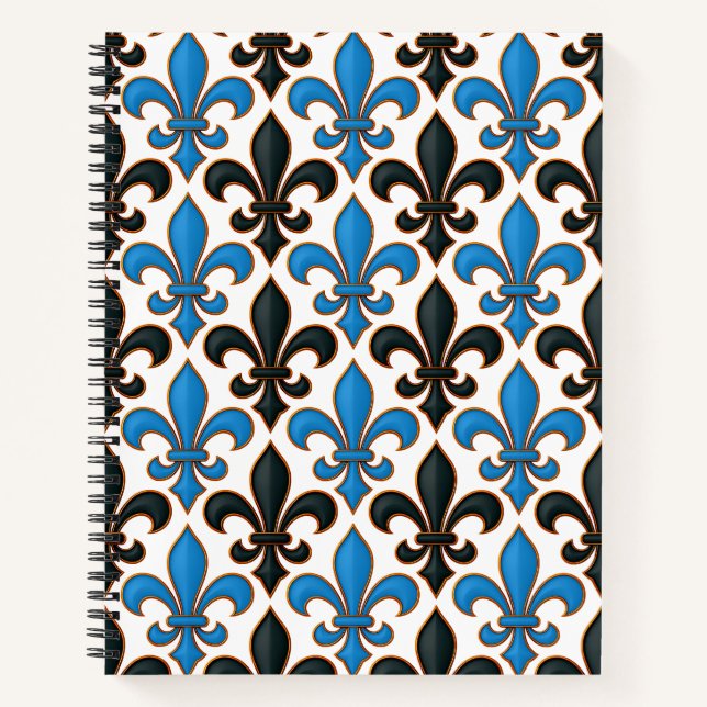 Blue Black Baroque Fleur-de-lis Pattern Design  Notebook (Front)