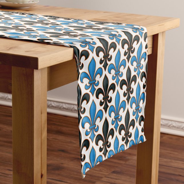 Blue Black Baroque Fleur-de-lis Pattern Design  Short Table Runner (Creator Uploaded)