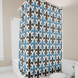 Blue Black Baroque Fleur-de-lis Pattern Design Shower Curtain