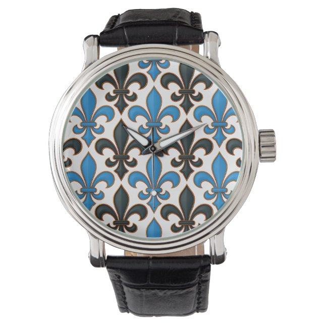 Blue Black Baroque Fleur-de-lis Pattern Design  Watch (Front)