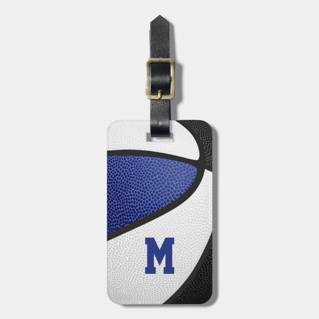 blue black basketball team colours monogrammed luggage tag (Front Vertical)