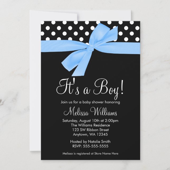 Blue Black Bow Polka Dot Baby Shower Invitations (Front)